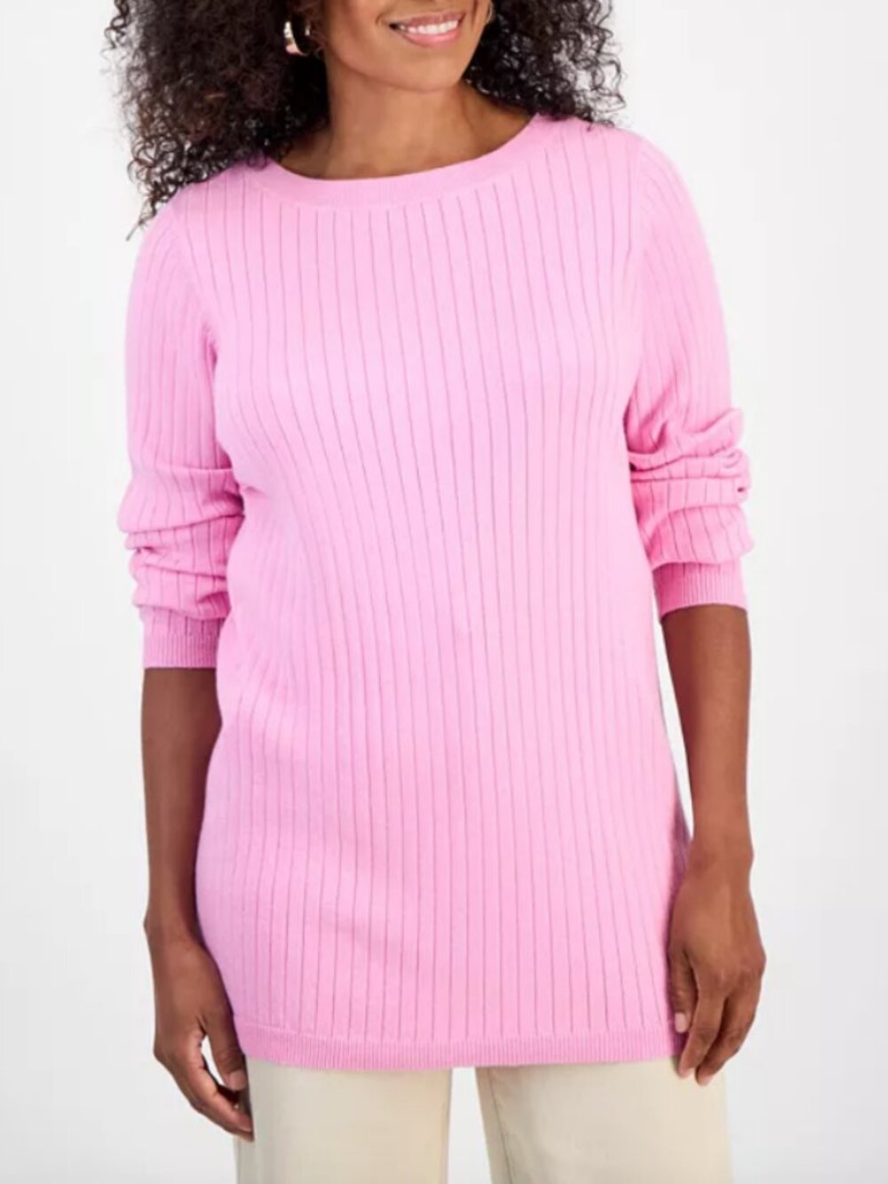 Style & Co Plus Size 0X/1X Boat-Neck Sweater Ribbed Pink Lightweight Rayon/Nylon